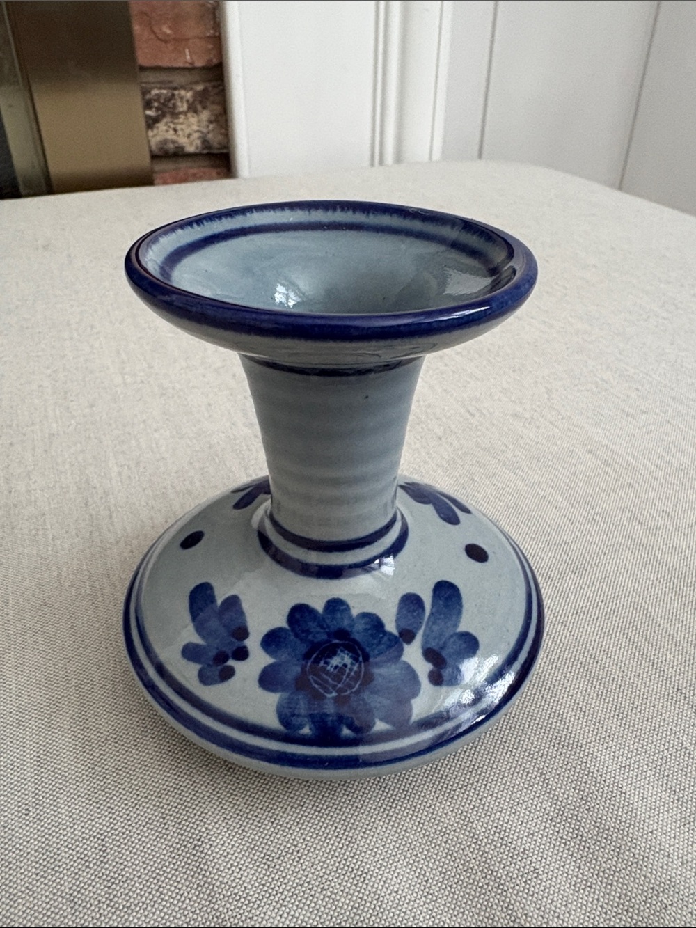 4” Aksini Stento Blyfri Hand Painted Danish Blue Floral Ceramic Candle Stick